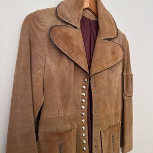 Amazing 1970s Camel Color Suede Belted Trench or Driving Coat with Buttons